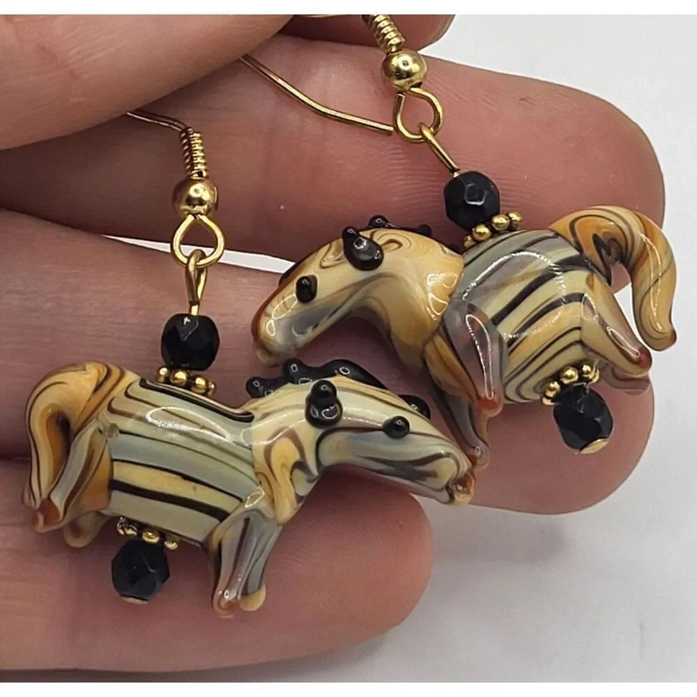 Artisan Funky Blown Glass Horse Earrings Dangle Drop 1.6in